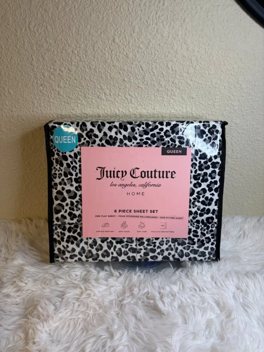 Juicy Couture Queen Leopard Sheet Set Black White 6 Piece Bedding NWT